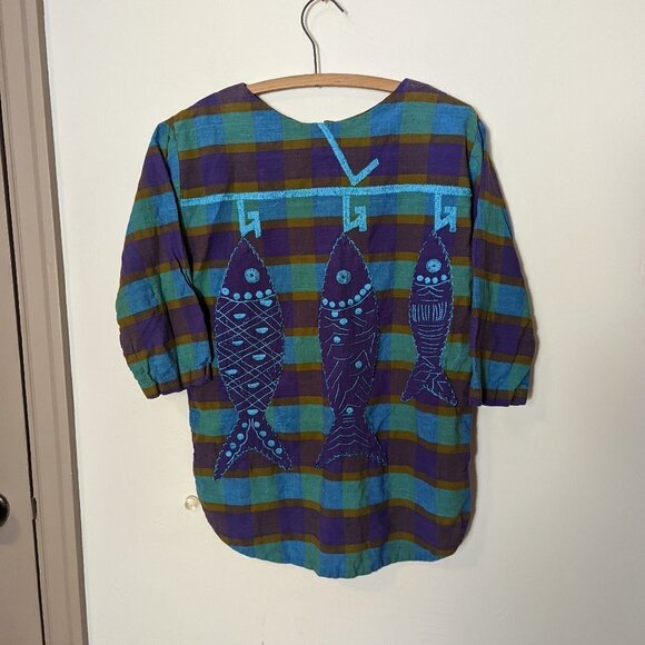 Vintage Fish Embroidered Gingham Checkered Plaid Top Boho Scandi Girl Angelica - Picture 5 of 6